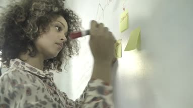 Young woman writing on adhesive note in office