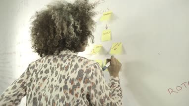 Young woman writing on adhesive note in office