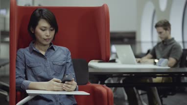 Woman using mobile phone and man using laptop in office 