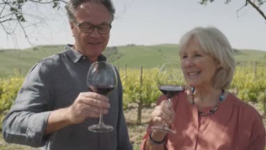 Senior couple drinking wine at vineyard 
