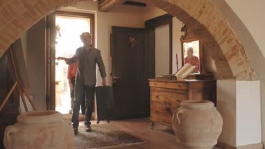 Senior couple arriving at hotel