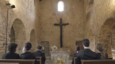 Mourners at funeral service in church