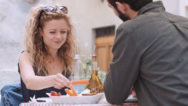 Young couple eating alfresco