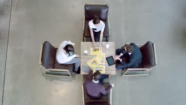 High angle view on business meeting in office lobby