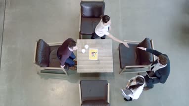 High angle view on business meeting in office lobby