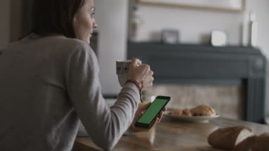 Over shoulder shot of young adult female using smartphone