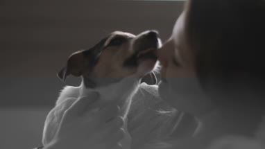 Young female cuddling puppy at home