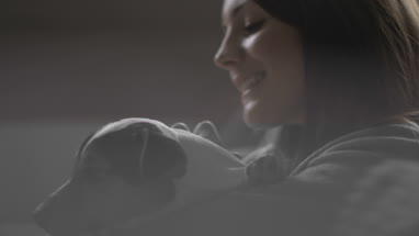 Puppy yawning at home with owner