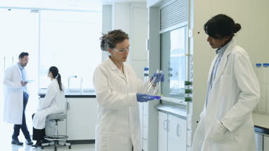 Two female scientists discussing results of experiment