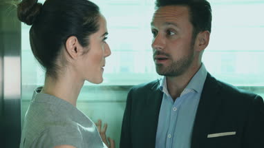 Business colleagues on way to a meeting in a glass elevator