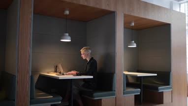 Businesswoman working in an office pod