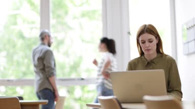 Female entrepreneur working on laptop with colleagues in the background