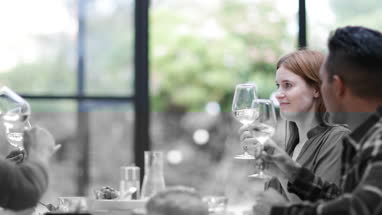 Friends clinking glasses over a meal together