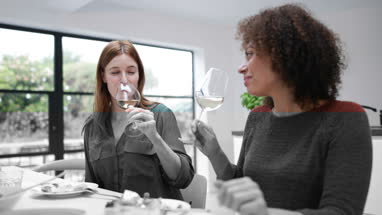 Female friends enjoying wine with a meal together