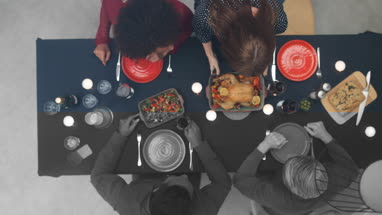Overhead shot of group of friends having a meal