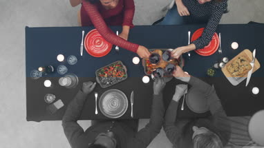 Overhead shot of group of friends having a meal