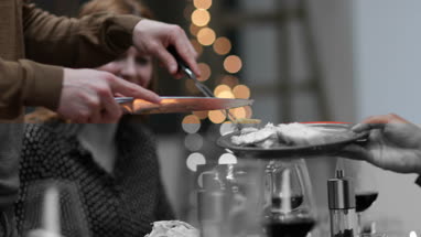 Close-up adult male serving Christmas meal to friends