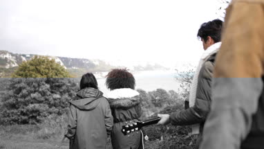Group of friends on a hike to go camping