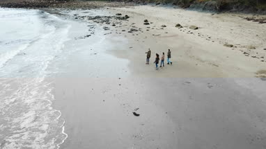 Aerial shot of friends running along beach holding hands