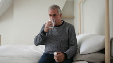 Senior man taking medicine