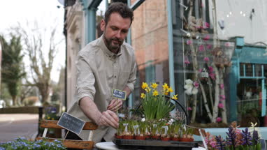 Florist pricing flowers and plants outside store