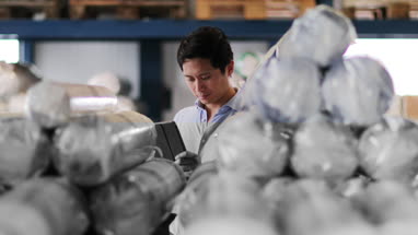 Male working in distribution warehouse with digital tablet