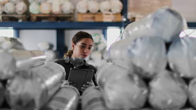 Female working in distribution warehouse with digital tablet