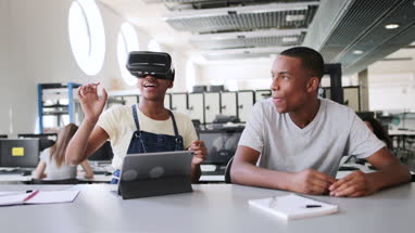 High school students using VR headset in class